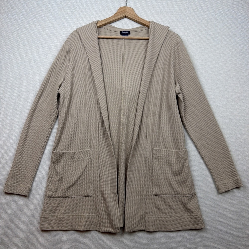 Splendid Women's Tan Neutral Waffle Knit‎ Hooded Open Cardigan Size M Pockets